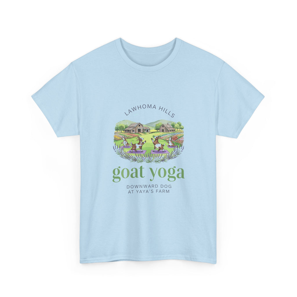 Lawhoma Hills Goat Yoga T-Shirt — Cute Farm Scene Tee (Lawhoma Hills Goat Yoga)