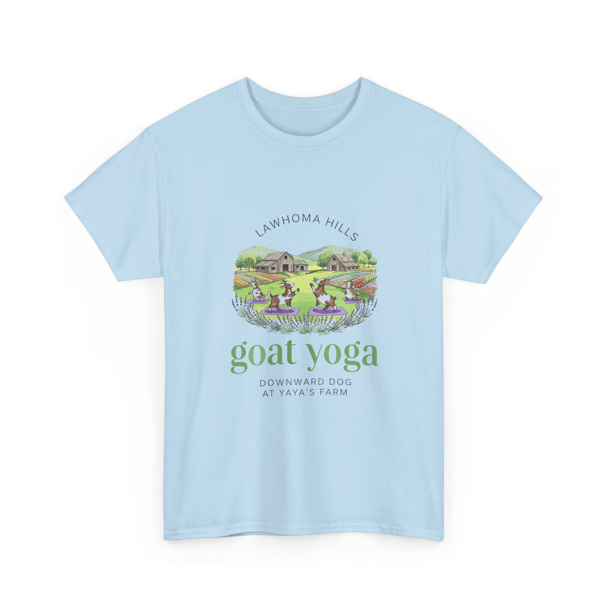 Lawhoma Hills Goat Yoga T-Shirt — Cute Farm Scene Tee (Lawhoma Hills Goat Yoga)