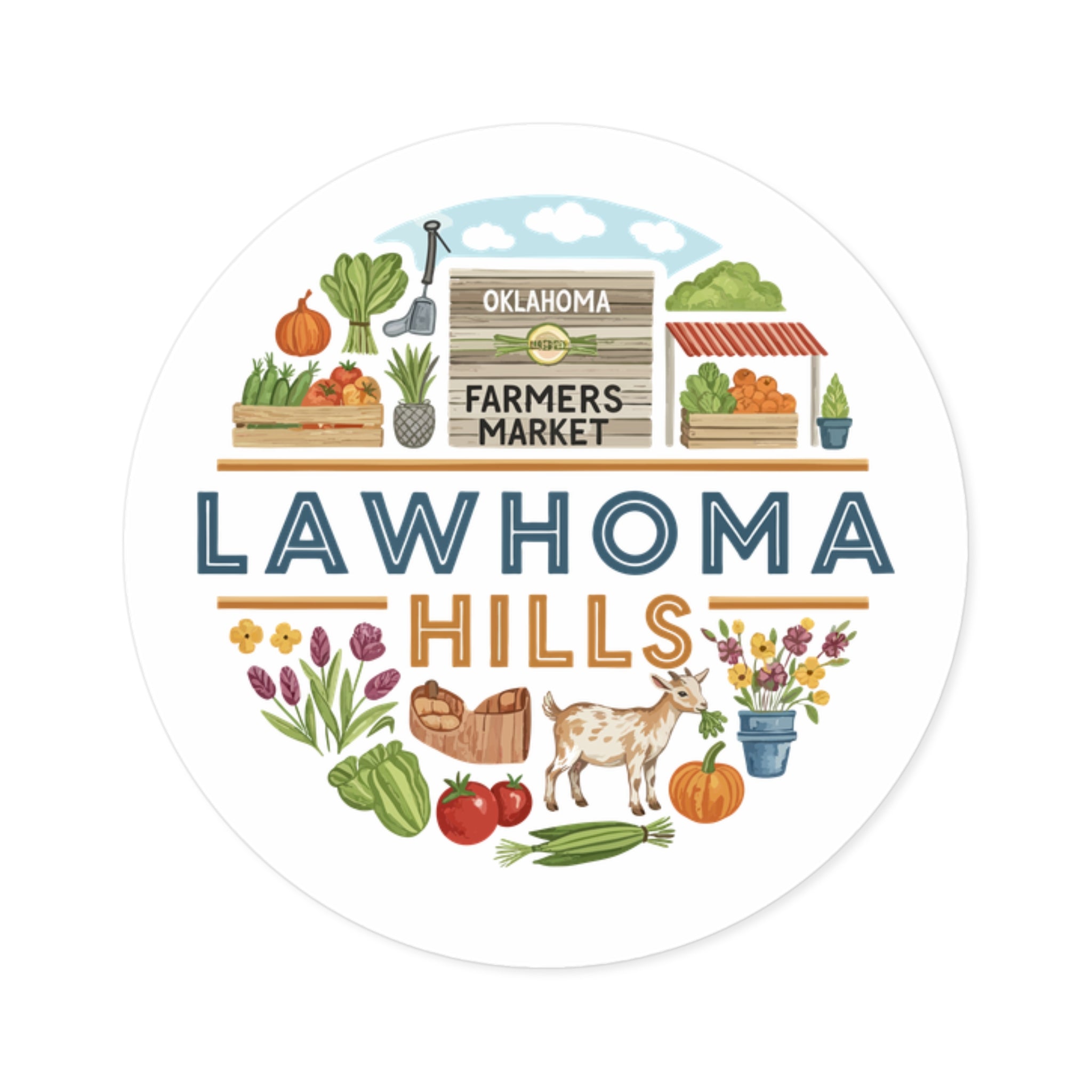 Lawhoma Hills Farmers Market Round Sticker — Indoor/Outdoor Vinyl