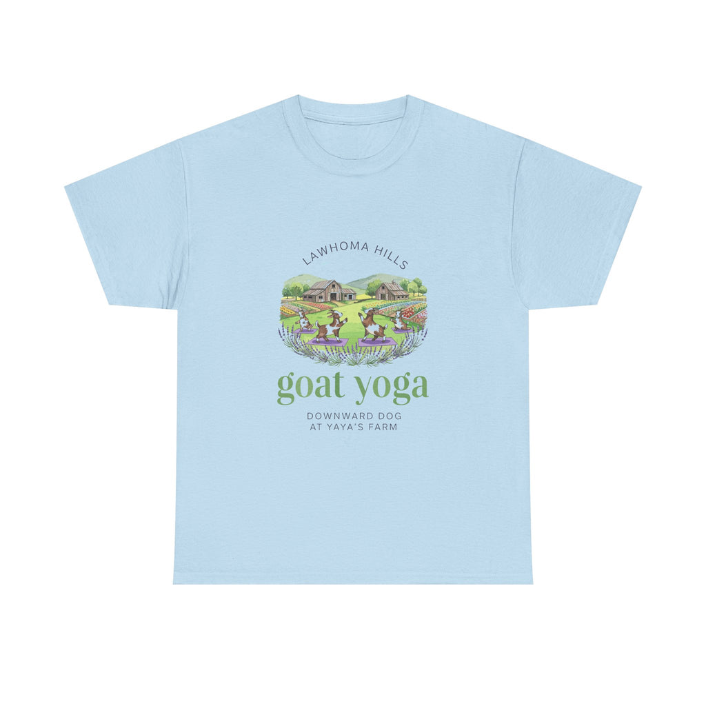 Lawhoma Hills Goat Yoga T-Shirt — Cute Farm Scene Tee (Lawhoma Hills Goat Yoga)
