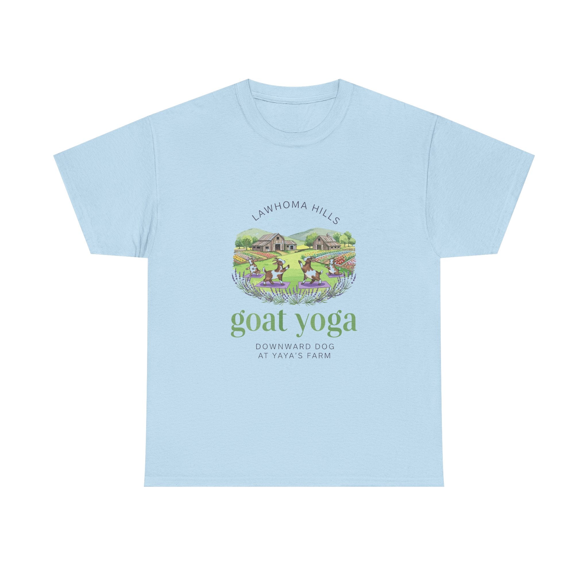 Lawhoma Hills Goat Yoga T-Shirt — Cute Farm Scene Tee (Lawhoma Hills Goat Yoga)