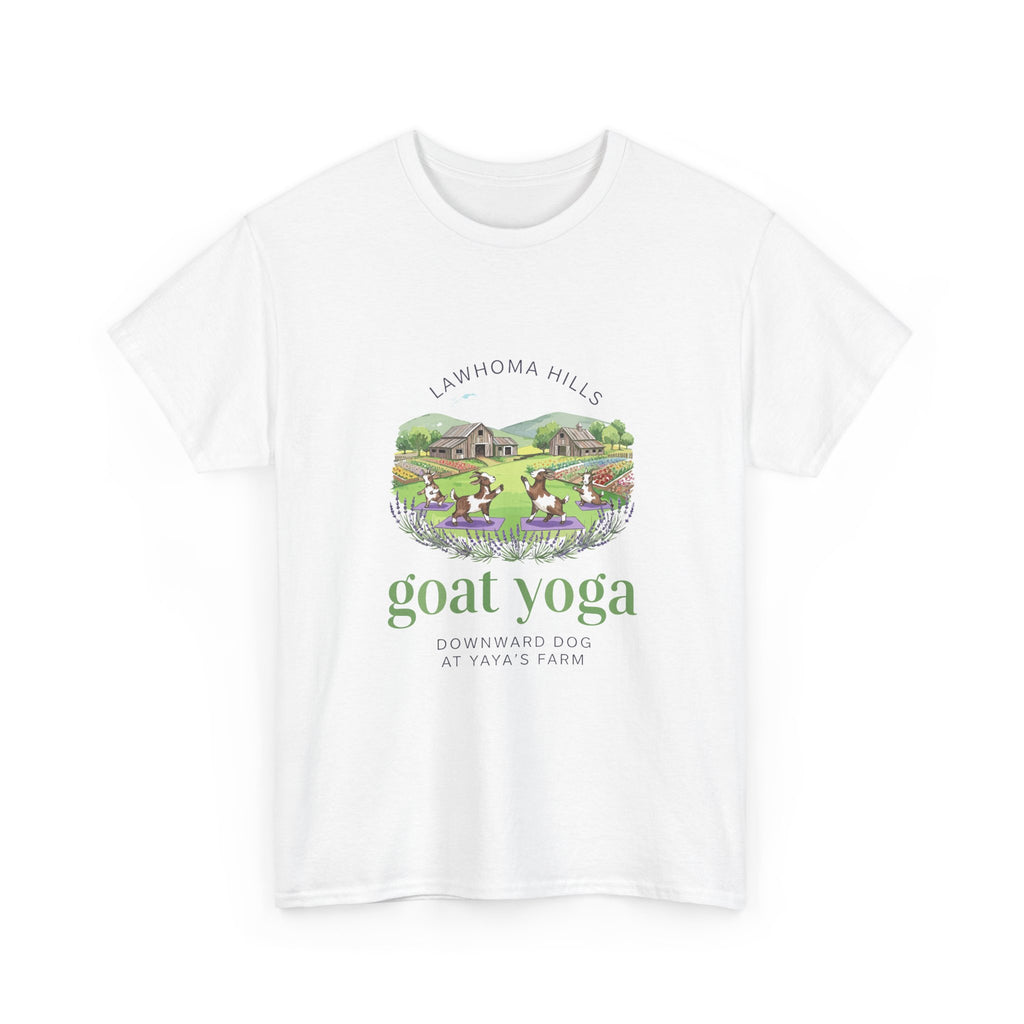 Lawhoma Hills Goat Yoga T-Shirt — Cute Farm Scene Tee (Lawhoma Hills Goat Yoga)