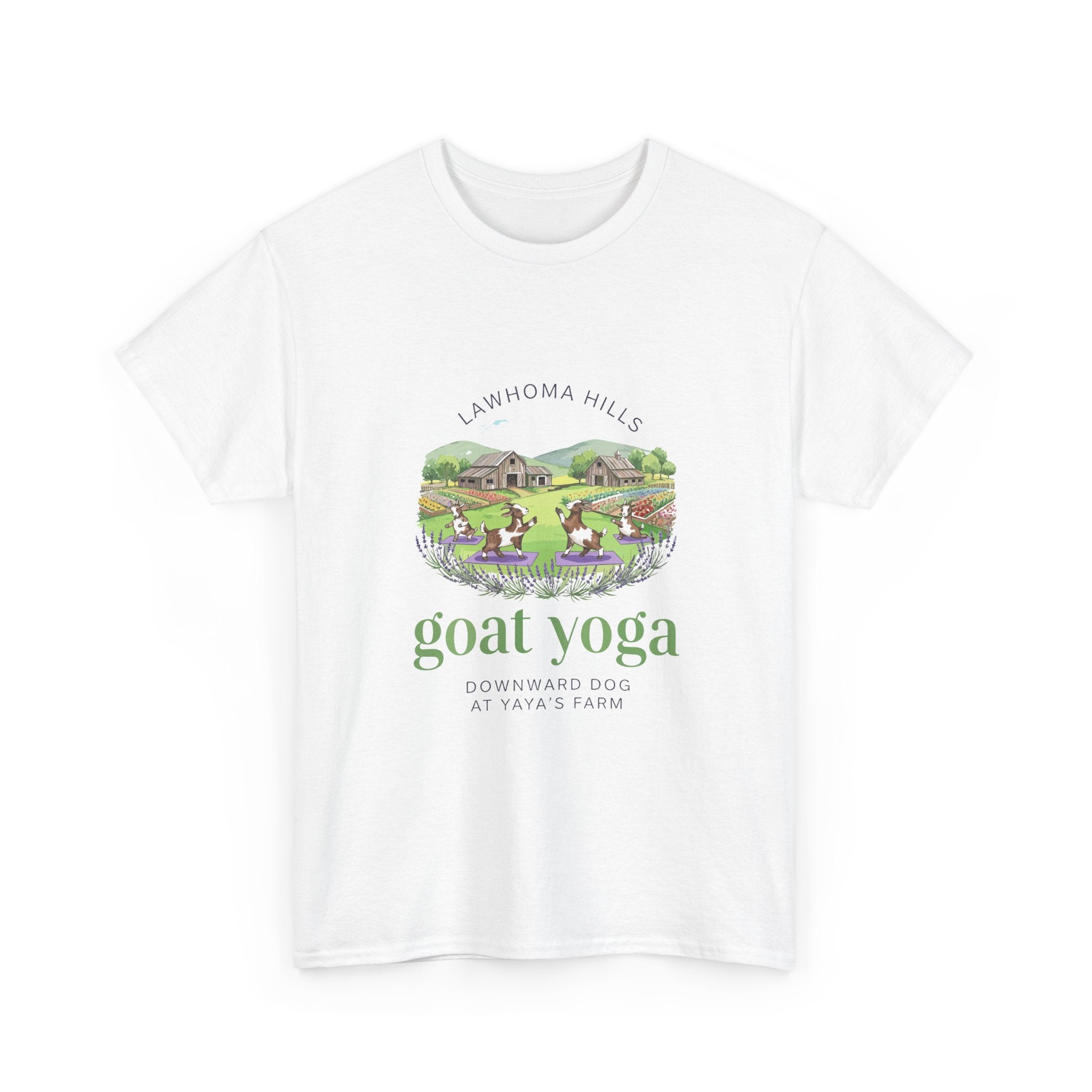 Lawhoma Hills Goat Yoga T-Shirt — Cute Farm Scene Tee (Lawhoma Hills Goat Yoga)